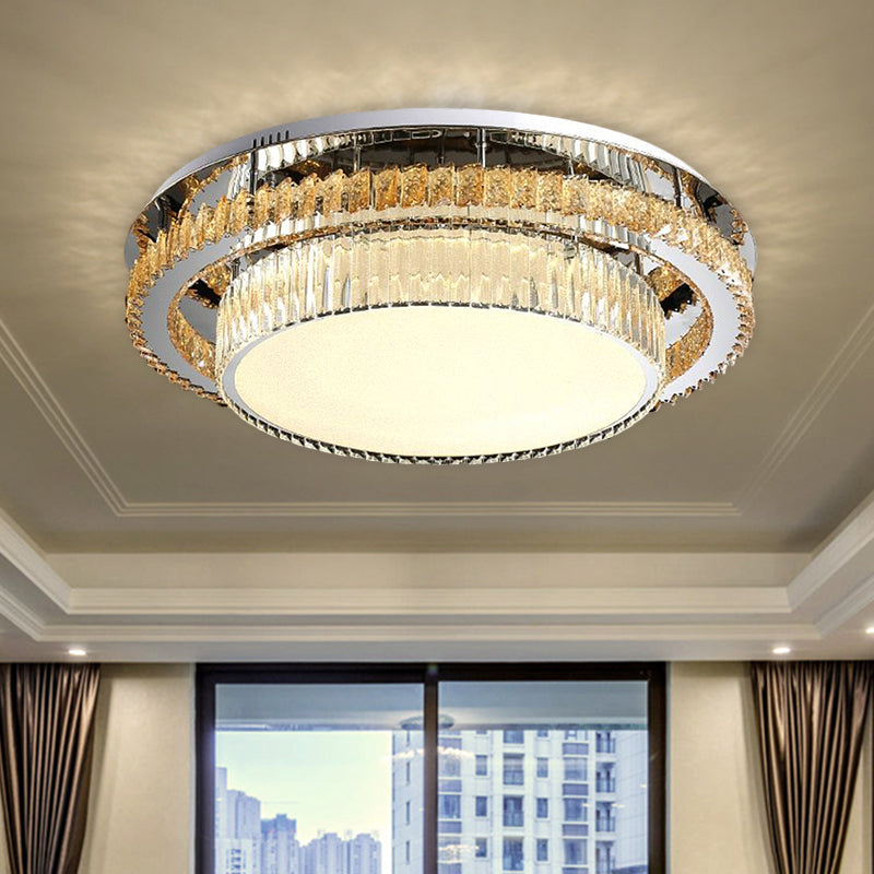 Modern Beveled Glass Crystal Led Drum Ceiling Lamp - 19.5’/23.5’ Wide Chrome Flushmount