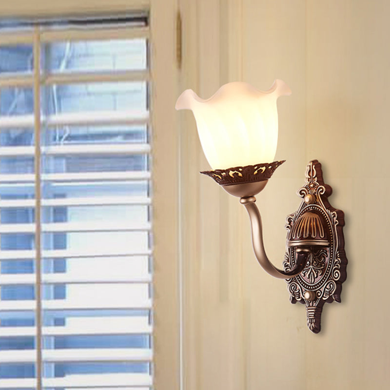 Rustic Blossom Wall Lamp With Opaline Glass Mount - Brown Ideal For Living Room 1 /