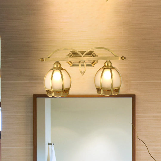Gold Milk Glass Wall Sconce With Flower Accent 2-Light Vanity Fixture For Luxurious Bathroom