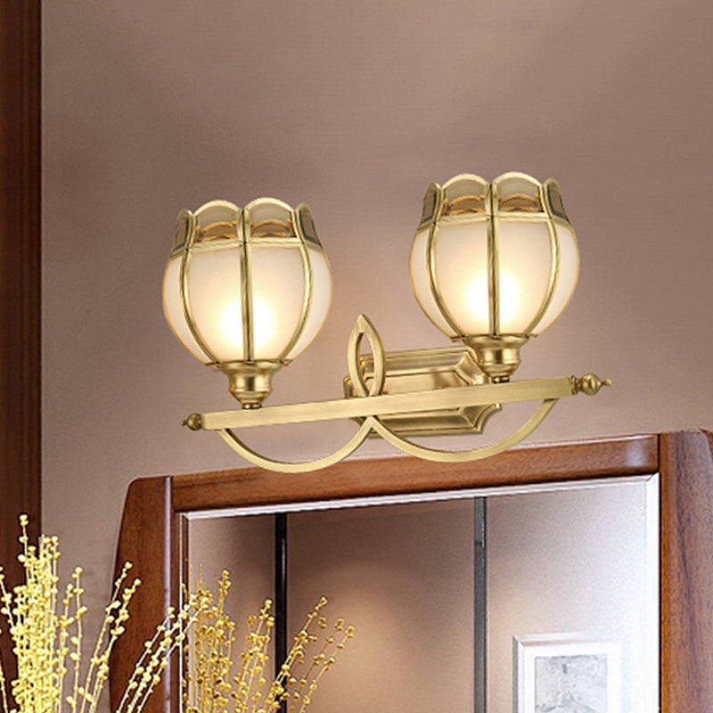 Gold Milk Glass Wall Sconce With Flower Accent 2-Light Vanity Fixture For Luxurious Bathroom