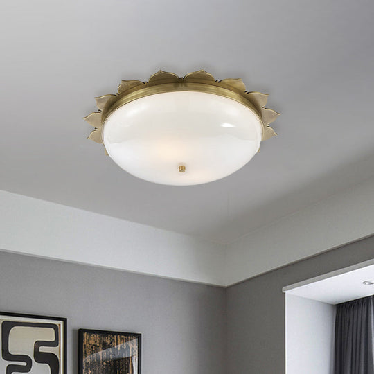 Colonial Gold Opal Glass Ceiling Light With Bowl Shape - 3 Heads Flush Mount For Bedroom