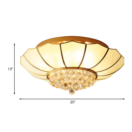 Milky Glass Scalloped Flush Light - 4/6 Lights Bedroom Mount With Crystal Ball