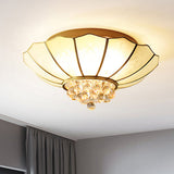 Milky Glass Scalloped Flush Light - 4/6 Lights Bedroom Mount With Crystal Ball