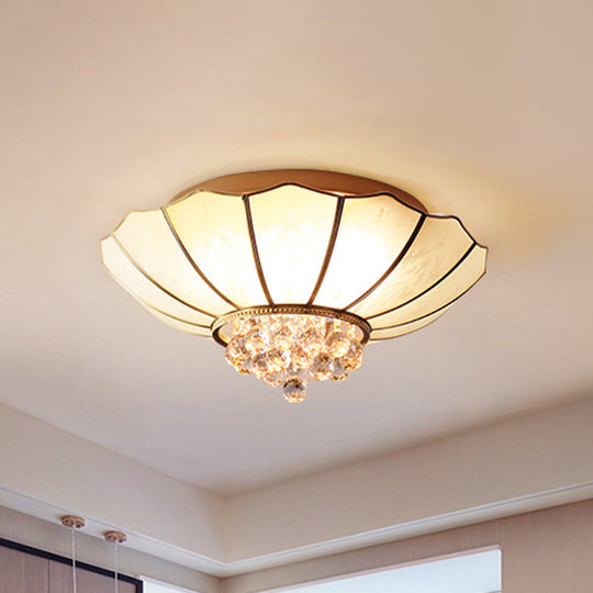 Milky Glass Scalloped Flush Light - 4/6 Lights Bedroom Mount With Crystal Ball