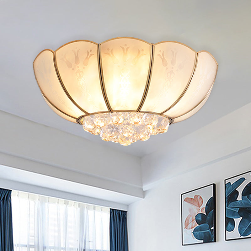 Ivory Glass Scallop Ceiling Fixture With Crystal Ball - Colonial 4/6 Bulbs Bedroom Flush Mount