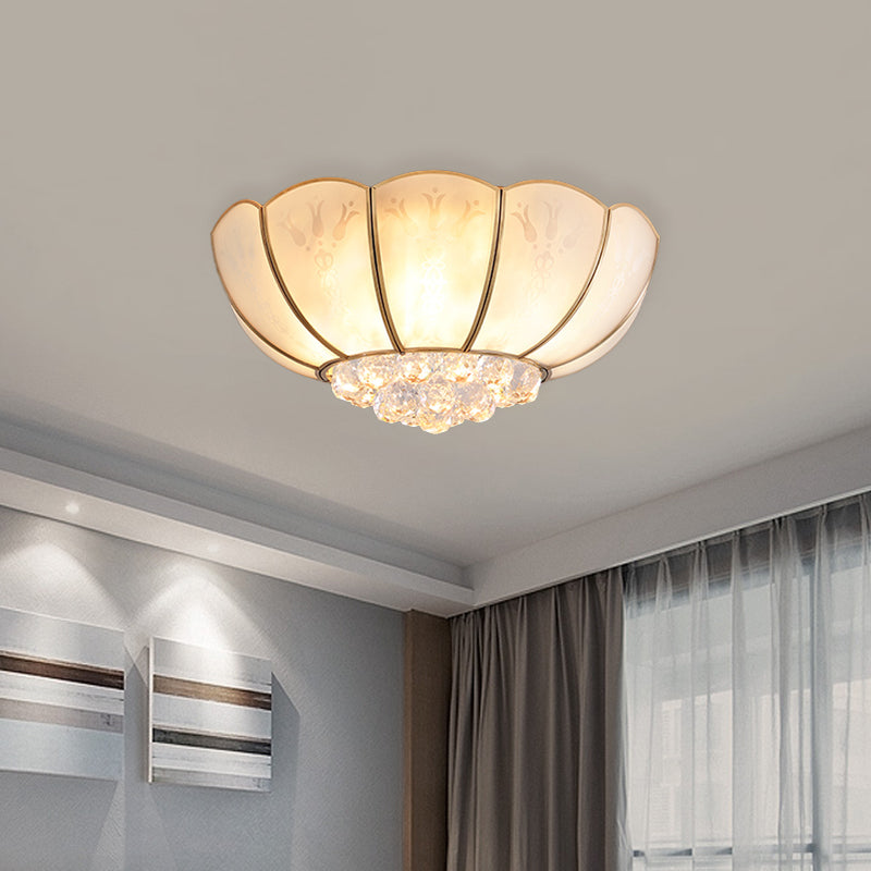 Ivory Glass Scallop Ceiling Fixture With Crystal Ball - Colonial 4/6 Bulbs Bedroom Flush Mount