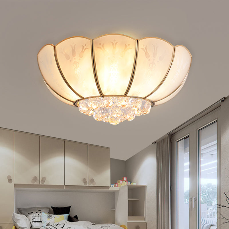 Ivory Glass Scallop Ceiling Fixture With Crystal Ball - Colonial 4/6 Bulbs Bedroom Flush Mount