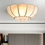 Ivory Glass Scallop Ceiling Fixture With Crystal Ball - Colonial 4/6 Bulbs Bedroom Flush Mount