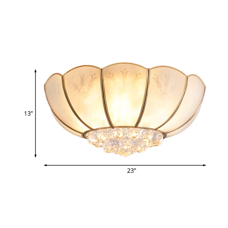 Ivory Glass Scallop Ceiling Fixture With Crystal Ball - Colonial 4/6 Bulbs Bedroom Flush Mount