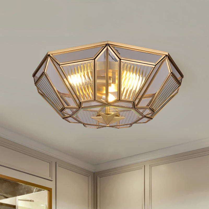 Colonial Gold Geometric Glass Flush Light - 3-Light Ceiling Mount For Bedroom