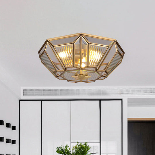 Colonial Gold Geometric Glass Flush Light - 3-Light Ceiling Mount For Bedroom
