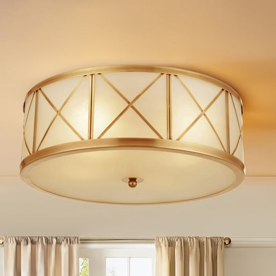 Colonial Gold Glass Ceiling Lamp With Trellis Cage - Bedroom Flush Light