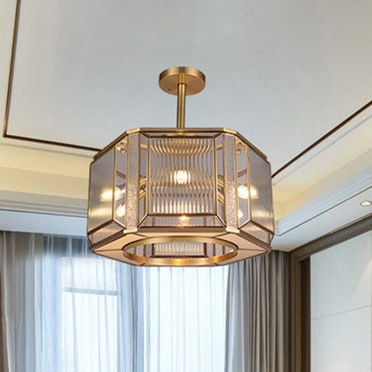 Hexagon Flush Mount Lighting With Clear Prismatic Glass - 6-Head Colonial Gold Finish