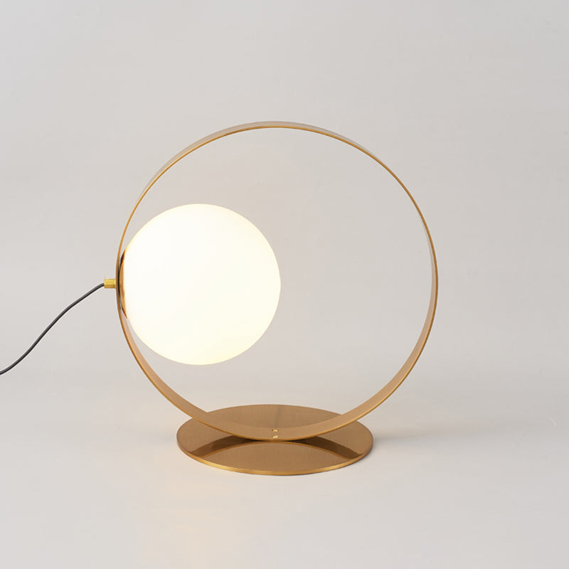 Beatrice - Gold Ring Table Lamp Postmodern 1 Bulb Iron Nightstand Light With Ball Opaline Glass