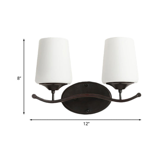 Ivory Glass Vanity Lighting With Iron Wavy Arm - Traditional Black Tapered Wall Light For Bedroom