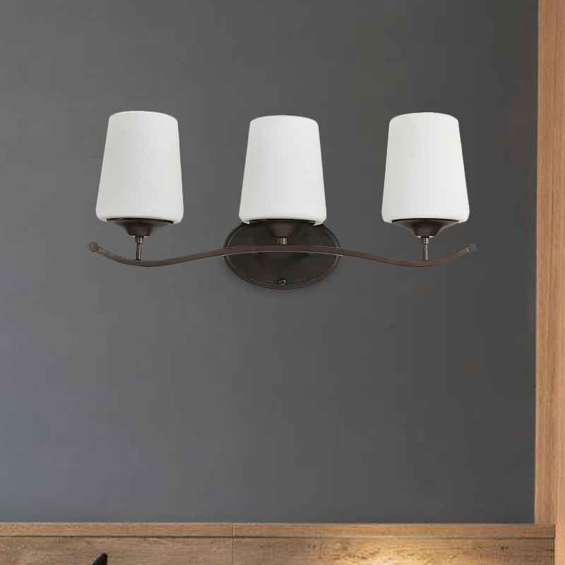 Ivory Glass Vanity Lighting With Iron Wavy Arm - Traditional Black Tapered Wall Light For Bedroom