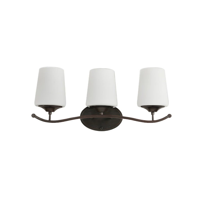 Ivory Glass Vanity Lighting With Iron Wavy Arm - Traditional Black Tapered Wall Light For Bedroom
