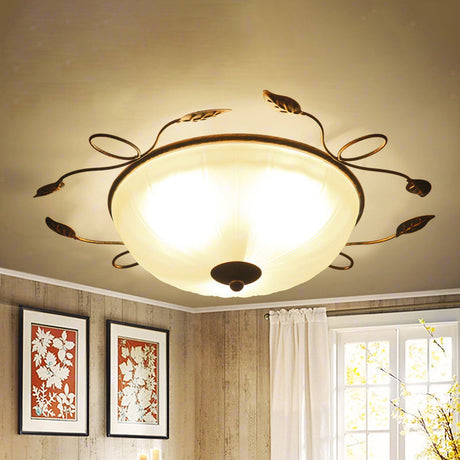 Vintage Bowl-Shaped White Glass Flush Light With Leaf Decoration - 3-Light Mount Spotlight