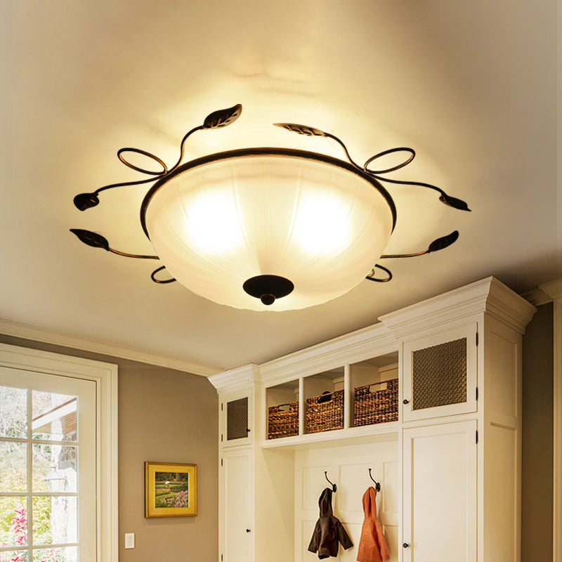 Vintage Bowl - Shaped White Glass Flush Light With Leaf Decoration - 3 - Light Mount Spotlight