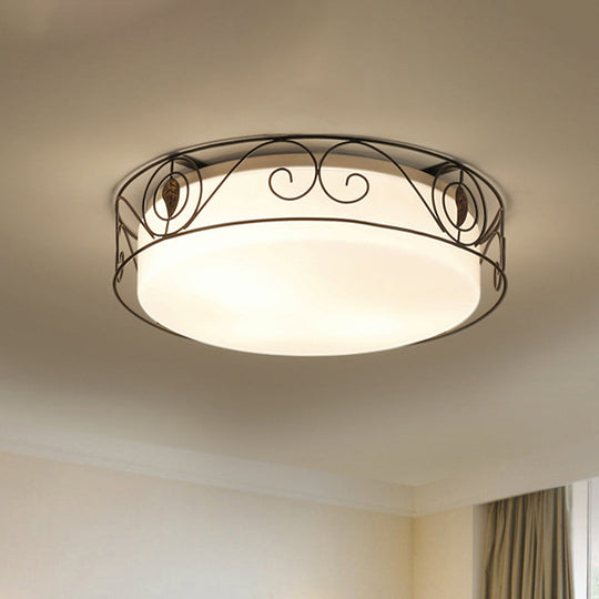 Antique Circular White Glass Flush Mount Light With 4-Heads & Wire Cage