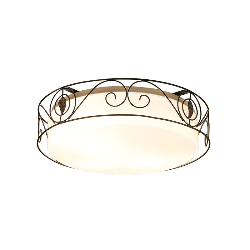 Antique Circular White Glass Flush Mount Light With 4 - Heads & Wire Cage