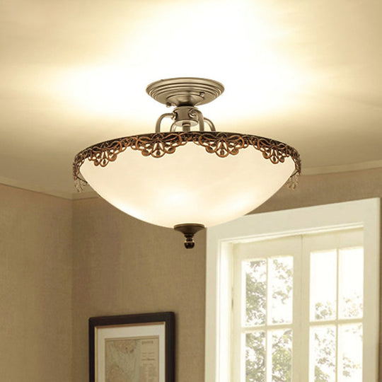 White Glass Bowl Ceiling Lamp - 6 - Light Semi Flush Mount For Dining Room