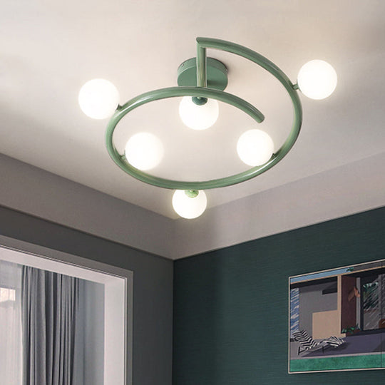 Green Swirled Arm Milk Glass Bubble Flush Light - Nordic 6 Heads Semi - Flush Ceiling