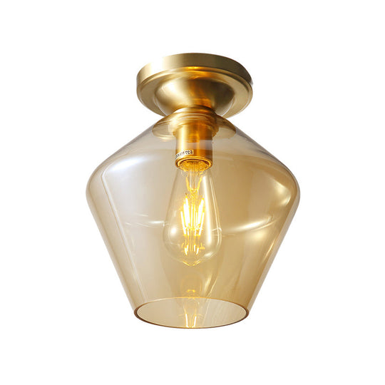 Mid Century Glamour: Cognac Glass Diamond Shaped Brass Flush Mount Ceiling Lamp - Single 9’/15’
