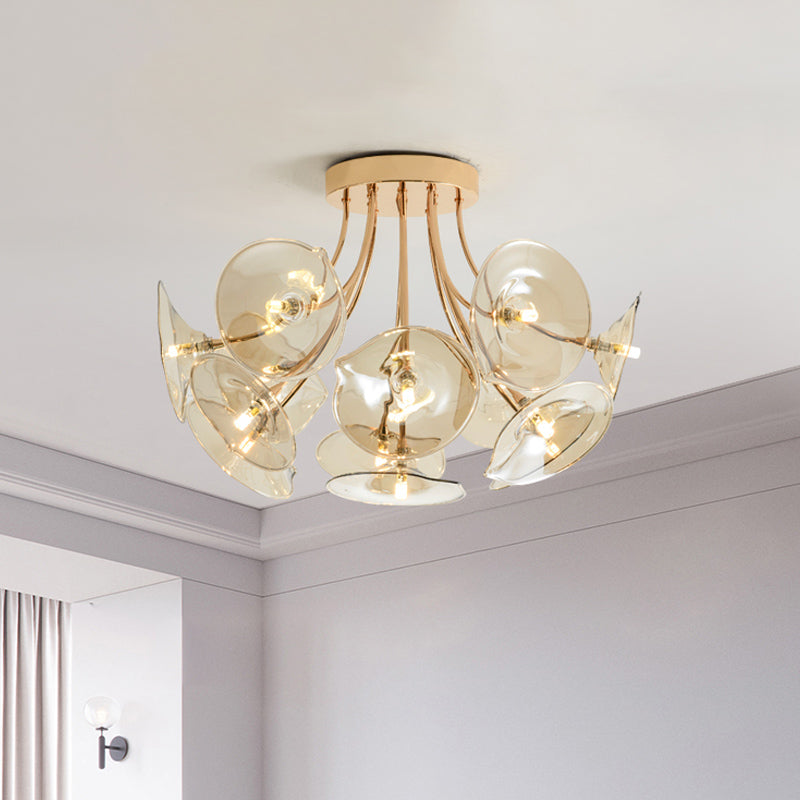 Mid - Century Wide Flare Amber Glass Semi Flush Light - Gold Finish Ceiling Fixture For Living Room