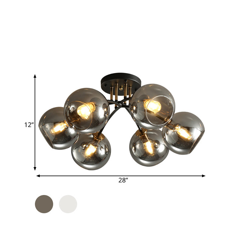 Vintage Black 6 - Head Hotel Ceiling Light With Orb Smoke/Clear Glass Shade