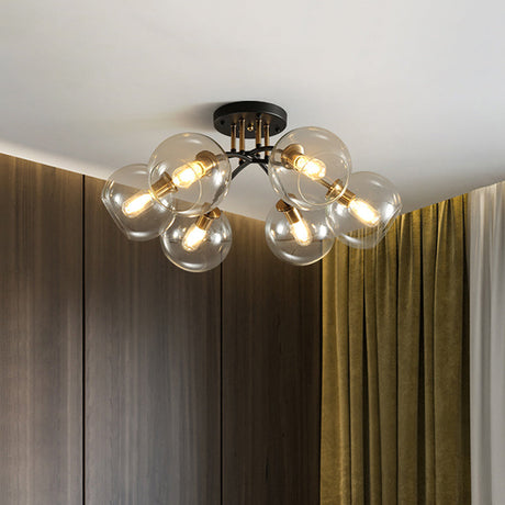 6-Head Vintage Black Semi Flush Mount Ceiling Lighting With Orb Smoke/Clear Glass Shade At 6 Heads
