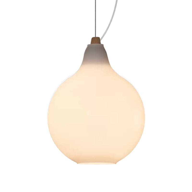 Frosted White Glass Ceiling Pendant With Wood Top - Bellied Dinette Suspension Light Simplicity