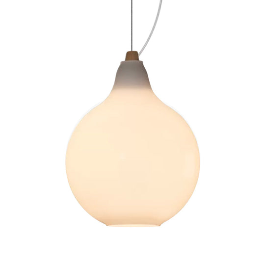Frosted White Glass Ceiling Pendant With Wood Top - Bellied Dinette Suspension Light Simplicity