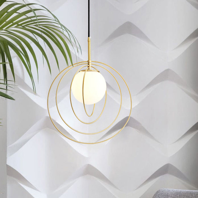 Gold Pendant Light With Opal Glass Shade - Moveable Wire Cage Pendulum