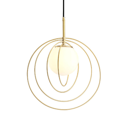 Gold Pendant Light With Opal Glass Shade - Moveable Wire Cage Pendulum