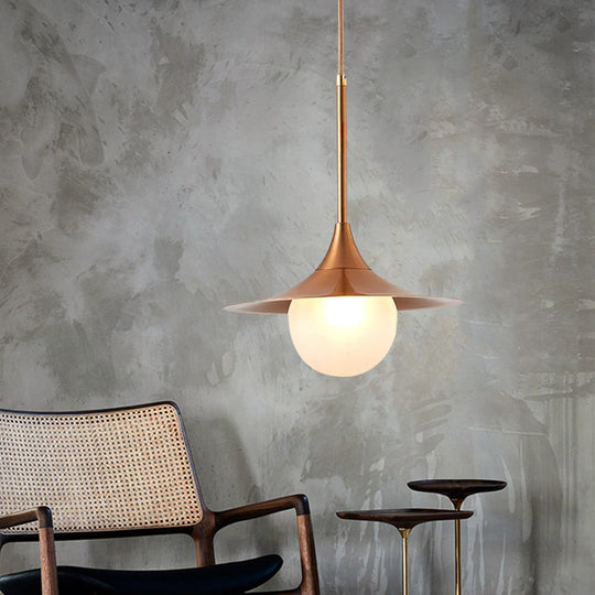 Modern Flared Pendant Light With Orb Milk Glass Insert Single Metal Hanging Fixture For Living Room