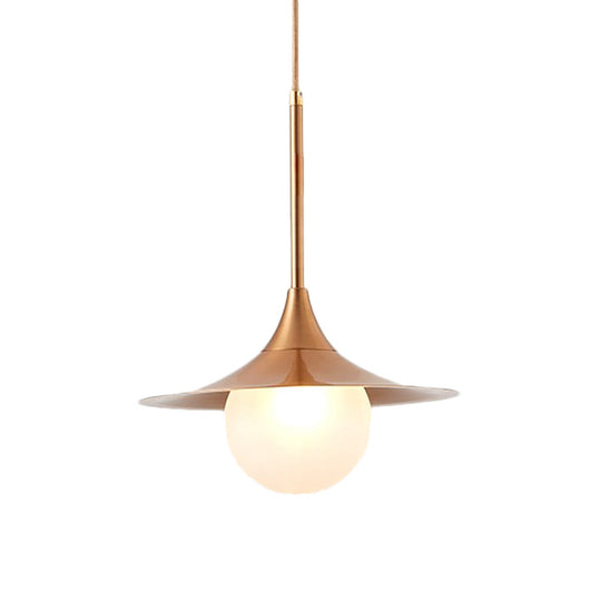 Modern Flared Pendant Light With Orb Milk Glass Insert Single Metal Hanging Fixture For Living Room