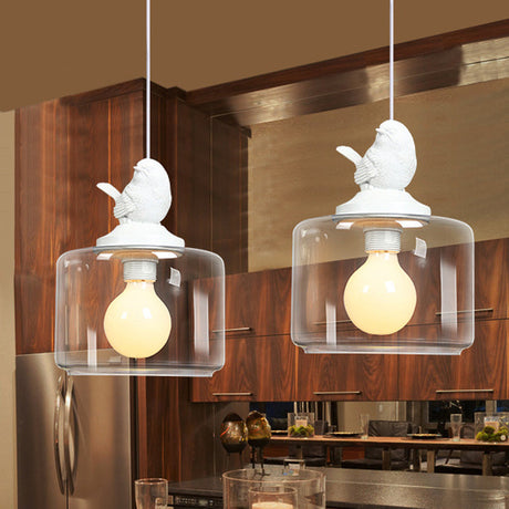 Modern Drum Shaped Dinette Pendant Lamp With Clear Glass And White Bird Top