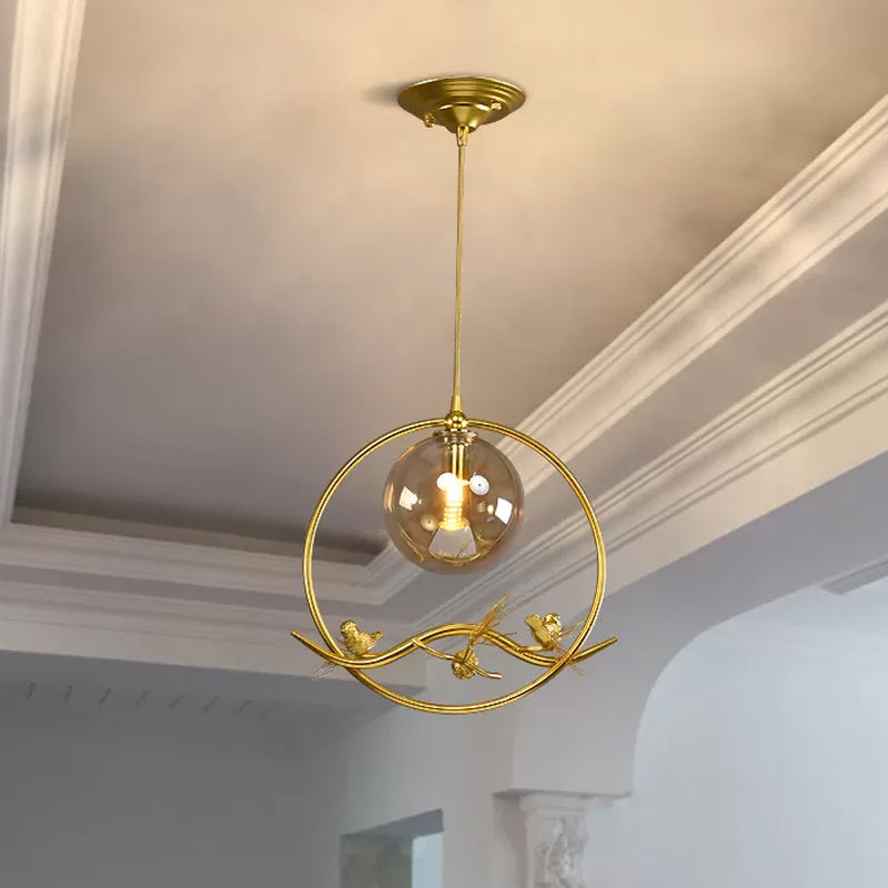 Mid-Century Single Bulb Brass Ring Pendant Ceiling Lamp With Amber/Smoke Grey Glass Shade And Bird