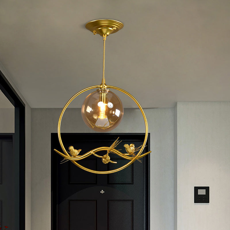 Mid-Century Single Bulb Brass Ring Pendant Ceiling Lamp With Amber/Smoke Grey Glass Shade And Bird