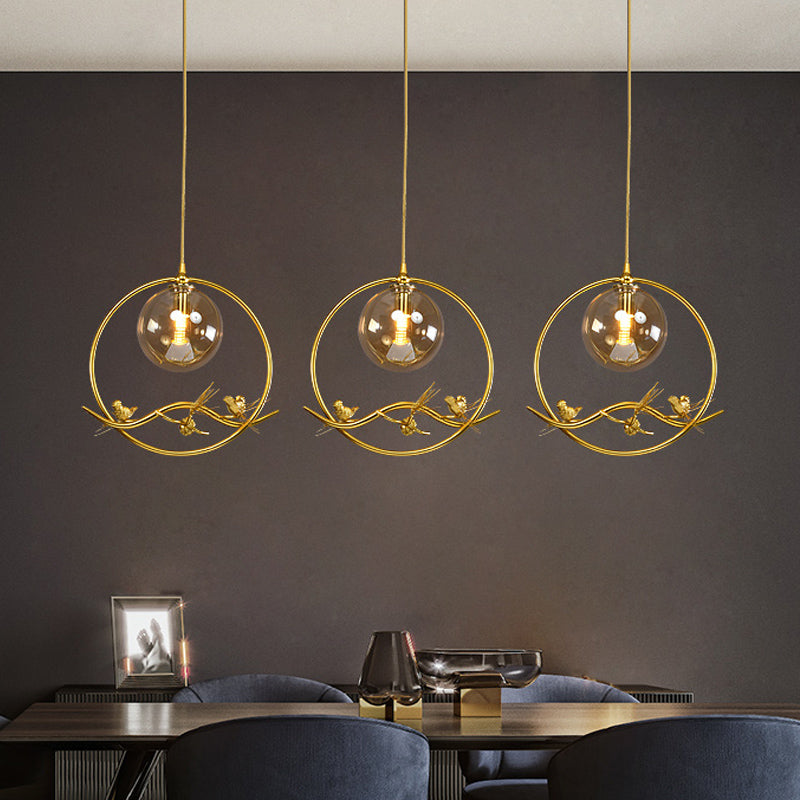 Mid-Century Single Bulb Brass Ring Pendant Ceiling Lamp With Amber/Smoke Grey Glass Shade And Bird