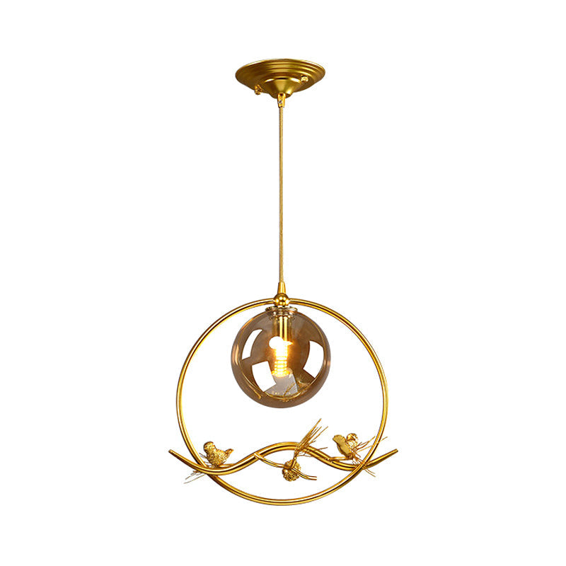 Mid-Century Single Bulb Brass Ring Pendant Ceiling Lamp With Amber/Smoke Grey Glass Shade And Bird
