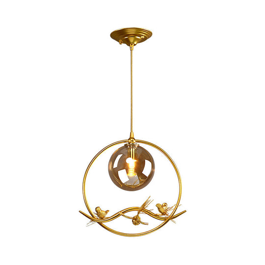 Mid-Century Single Bulb Brass Ring Pendant Ceiling Lamp With Amber/Smoke Grey Glass Shade And Bird