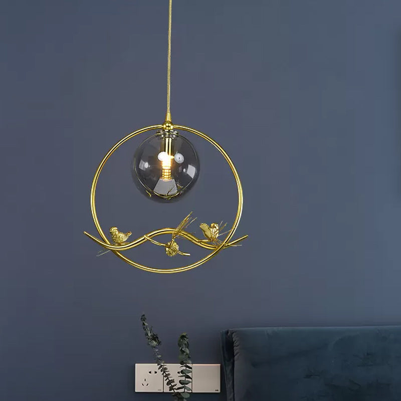 Mid-Century Brass Ring Pendant Ceiling Lamp With Amber/Smoke Grey Glass Shade And Bird Deco Smoke