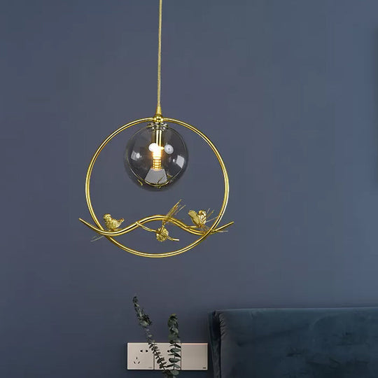Mid-Century Brass Ring Pendant Ceiling Lamp With Amber/Smoke Grey Glass Shade And Bird Deco Smoke