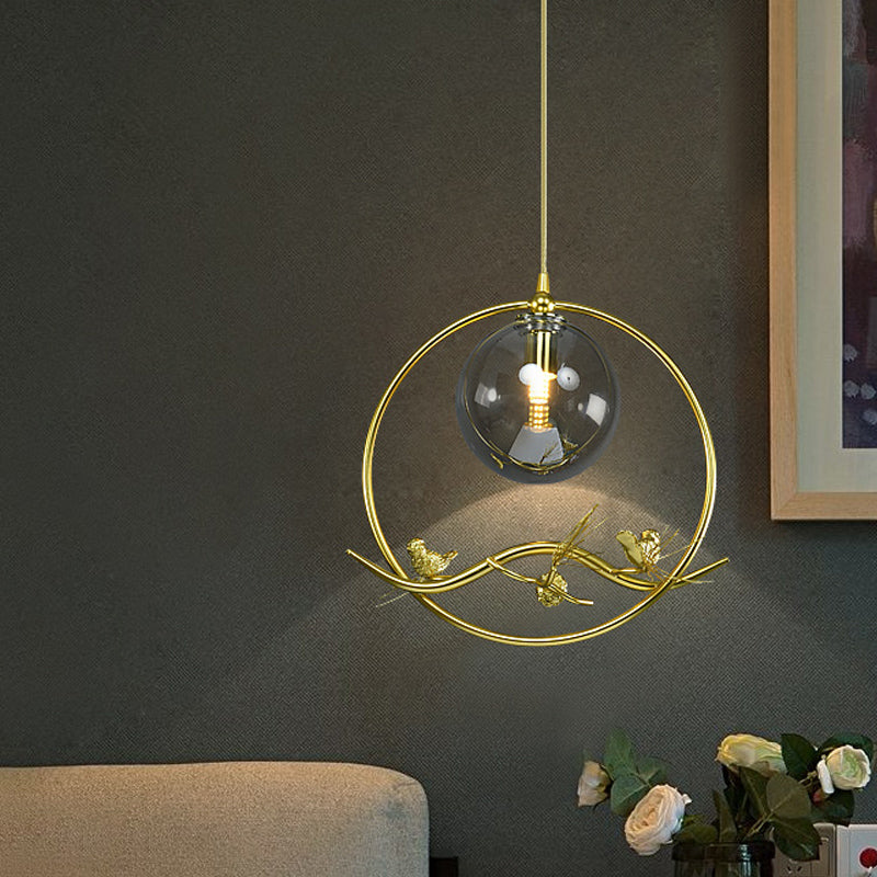 Mid-Century Brass Ring Pendant Ceiling Lamp With Amber/Smoke Grey Glass Shade And Bird Deco