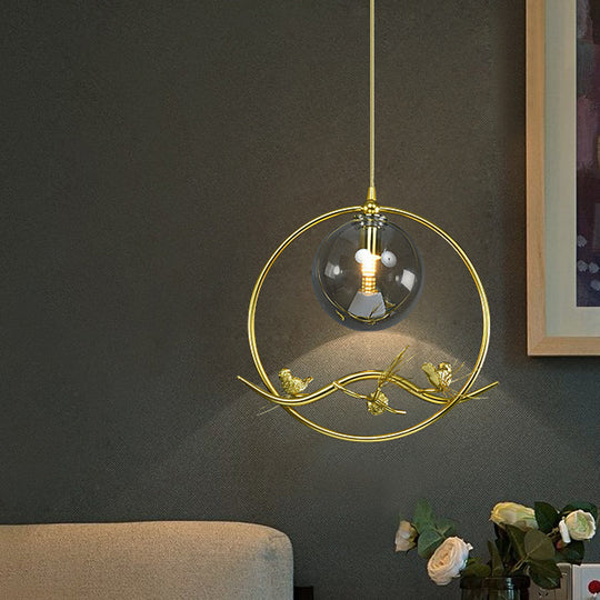 Mid-Century Brass Ring Pendant Ceiling Lamp With Amber/Smoke Grey Glass Shade And Bird Deco