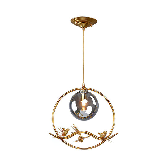 Mid-Century Single Bulb Brass Ring Pendant Ceiling Lamp With Amber/Smoke Grey Glass Shade And Bird