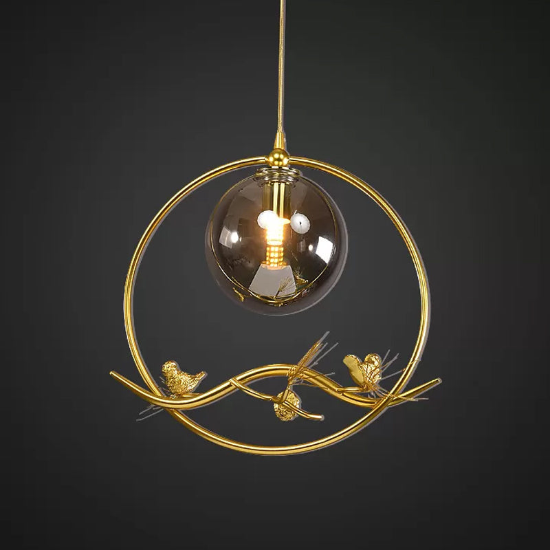 Mid-Century Single Bulb Brass Ring Pendant Ceiling Lamp With Amber/Smoke Grey Glass Shade And Bird
