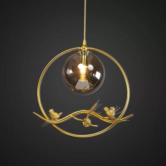 Mid-Century Single Bulb Brass Ring Pendant Ceiling Lamp With Amber/Smoke Grey Glass Shade And Bird